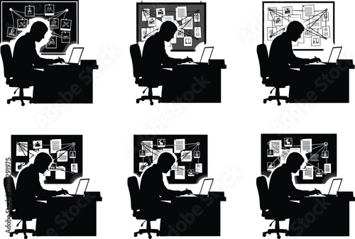 Man Investigating at Desk with Crime Evidence Board, Laptop, and Conspiracy Wall for Research, Analysis, or Detective Concept