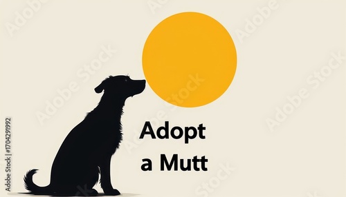 A silhouette of a dog sitting in front of a large yellow sun. The text 'Adopt a Mutt' is prominently displayed below the dog.
