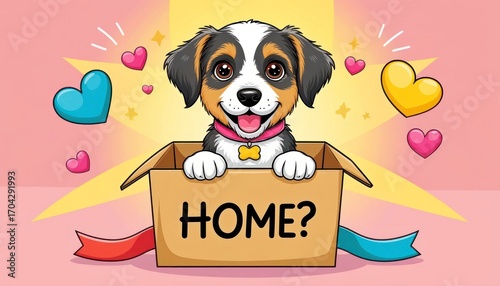 A cute cartoon dog with brown and black fur sits in a box with the word 'HOME?' on it. Colorful hearts surround the dog, creating a cheerful atmosphere.