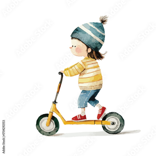 Watercolor Illustration of a Girl Riding a Yellow Scooter with Red Shoes
