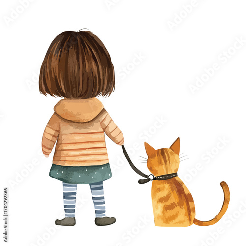 Watercolor illustration of a girl walking a striped orange cat on a leash
