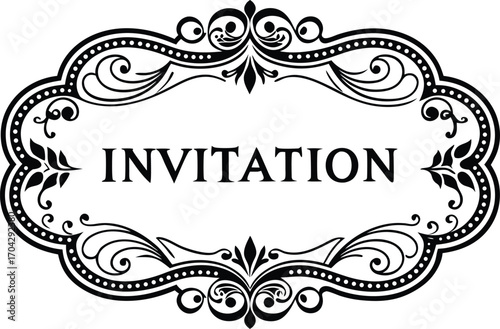 invitation text inside an ornate circular frame with decorative elements and a small silhouette figure near text