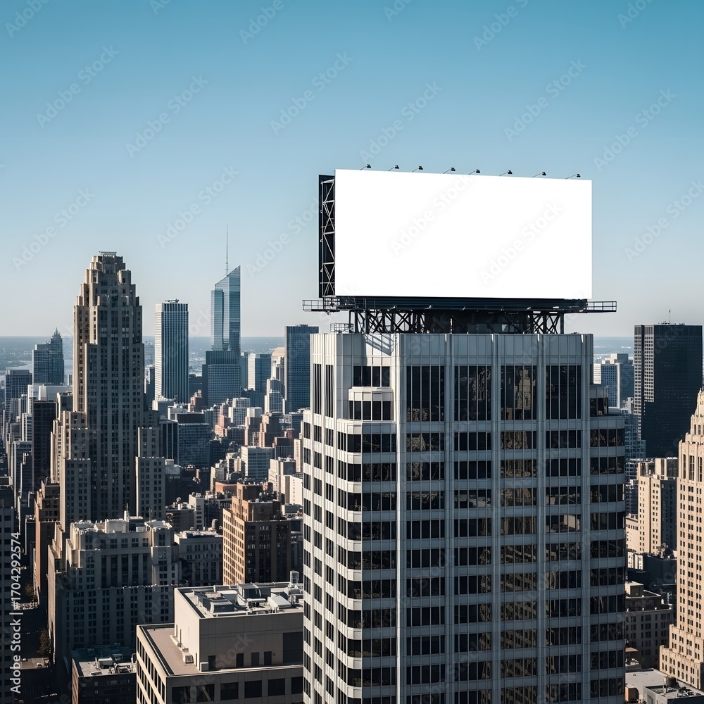 Obraz premium Blank billboard on top of a building in a city with a blue sky