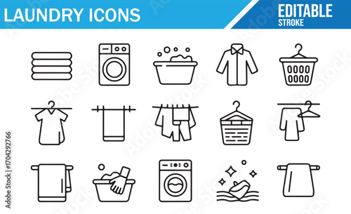 Laundry process icon collection including wash, spin, rinse, and fold symbols