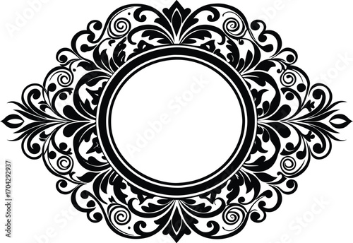 invitation text inside an ornate circular frame with decorative elements and a small silhouette figure near text