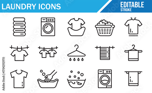 Household laundry symbol pack with wash, rinse, and drying vector icons