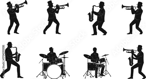 Silhouette Jazz Musicians Playing Instruments — Trumpet, Saxophone, and Drums in Performance, Retro Band Vector Art Illustration