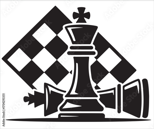 Silhouette of chess king standing tall with fallen pieces and checkered board symbol of victory leadership power strategy success decision making competition management illustration