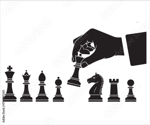 Silhouette of chess pieces with hand moving pawn strategy art
