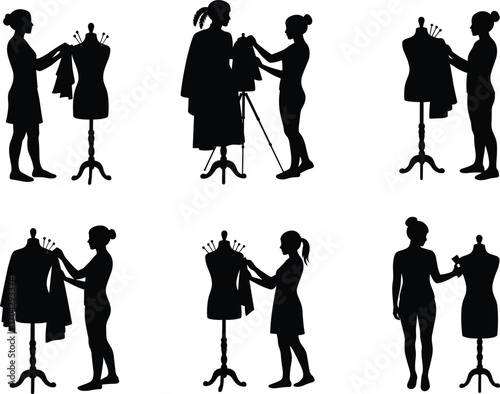 Silhouette of Fashion Designer Working on Mannequin, Creative Tailor Scene for Sewing, Dressmaking, Fashion Studio, and Textile Art