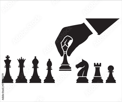 Silhouette of chess pieces with hand moving pawn symbol of strategy leadership planning decision making business success competition management concept tactical game illustration