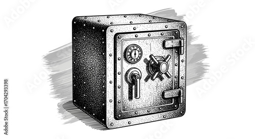Black and white engraving sketch of safe on metallic gray brush stroke, isolated on white background, vintage etching vector illustration for design, trendy business and security concept