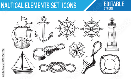 Seafaring symbol collection with retro ship, buoy, and nautical adventure tools