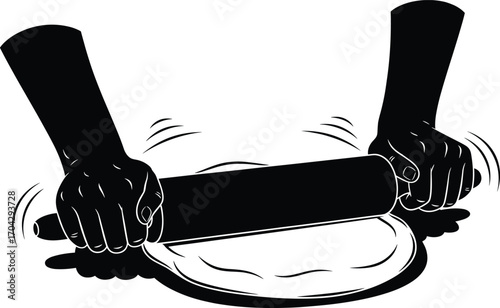 Silhouette of Hands Using Rolling Pin to Flatten Dough, Vector Illustration for Baking, Cooking, Kitchen, Pastry, and Culinary Art