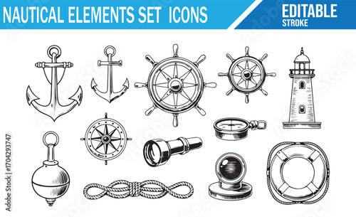 Maritime navigation icons set including compass, anchor, and steering wheel