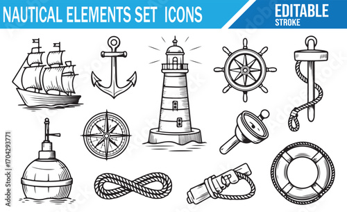 Editable vector marine elements for sailing, cruise, and ocean journey themes
