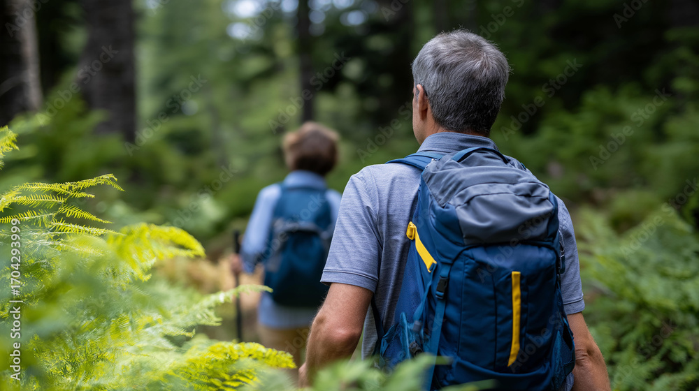 Fototapeta premium Middle aged man and boy hiking through a dense forest backpacks heavy trekking poles clicking greenery enveloping them father son hiking forest adventure outdoor bonding nat