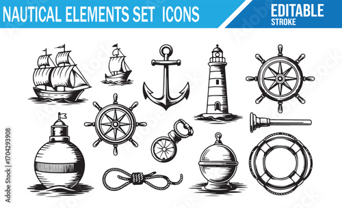 Set of nautical elements icons in editable stroke style, including sailing ships, anchors, lighthouse, compass, lifebuoy, rope, helm, and marine symbols for ocean, navigation, and maritime themed desi