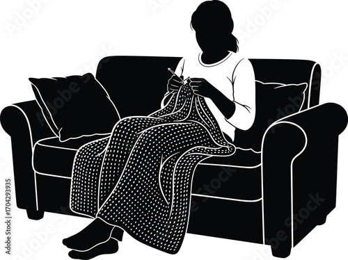 Silhouette of woman knitting on sofa with cozy blanket and pillows, relaxing at home, hobby craft vector illustration art