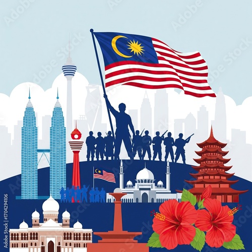 Malaysia flag with famous landmarks, hibiscus flowers, and silhouettes of people celebrating unity and nationhood