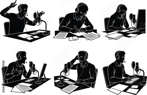 Silhouette Set of People Podcasting, Broadcasting, or Recording at Desk with Microphone, Headset, and Papers in Studio Environment