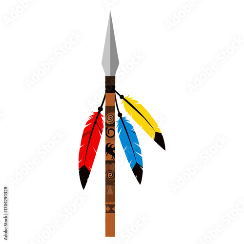 Traditional Native American Spear with Colorful Feathers and Tribal Markings.