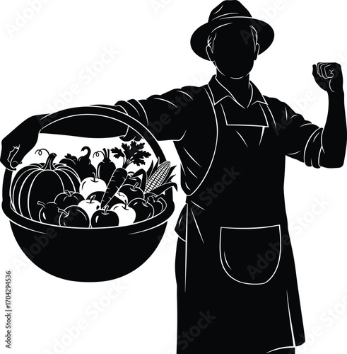 Silhouette vector of farmer holding basket of fresh vegetables organic harvest agriculture theme rural produce healthy lifestyle illustration farming art