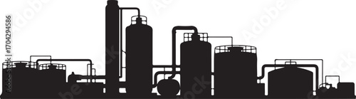 Industrial Plant Silhouette Vector Illustration with Factory and Refinery Outline