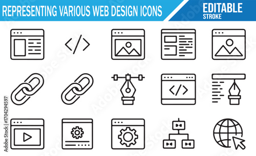 Editable stroke web interface and development icons for online business