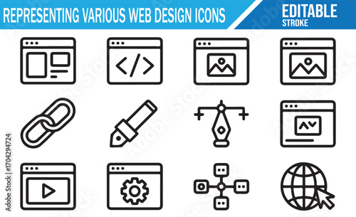 Set of web design and development icons in editable stroke style, featuring website layout, coding, image, link, graphic pen, video, gear, globe, and digital interface illustrations for modern technol