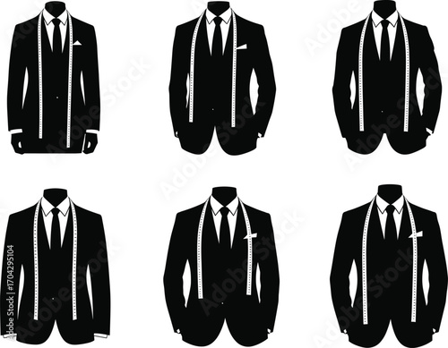 Tailor Suit Silhouette with Measuring Tape, Elegant Male Fashion Design Concept for Bespoke Clothing, Custom Tailoring, and Style Icon