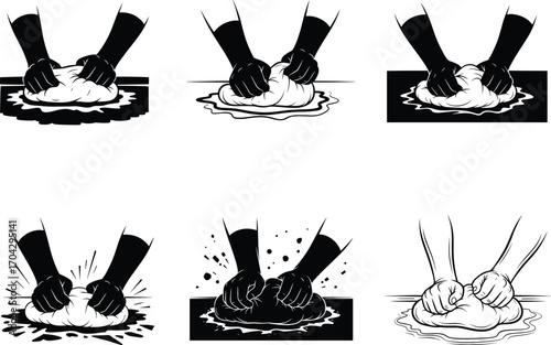 Vector illustration of hands kneading dough, black and white cooking action, baking preparation, bread making concept, culinary food process.