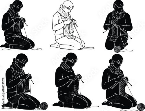Vector illustration of woman knitting wool scarf, sitting and focused on handmade craft, perfect for DIY, hobby, winter themes.