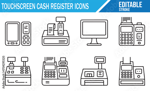 Retail cashier machine icons set featuring touchscreen, monitor, and receipt devices