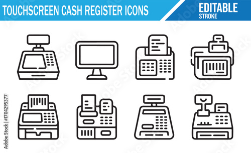 Editable outline icons of electronic checkout and point of sale devices for retail use
