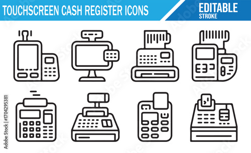 Cash register icon collection with touchscreen terminals, monitors, and vintage tills