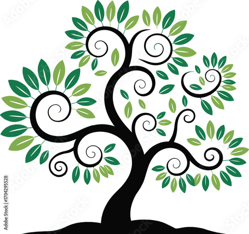 Stylized abstract tree with swirling branches and vibrant green leaves, modern vector art for nature and eco design.