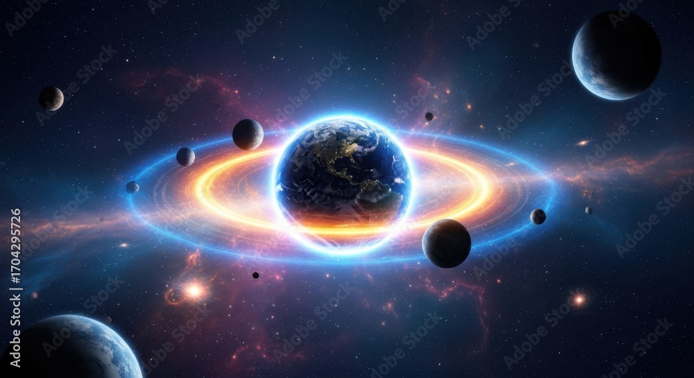 Naklejka premium Distant Planet with Glowing Rings and Moons in Deep Space