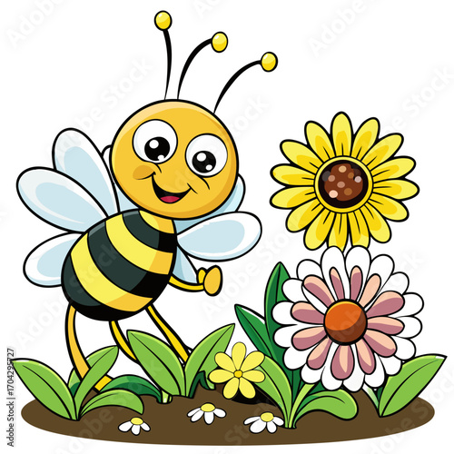  Busy Bee and Flower Patch — Children's Cartoon Vector, Transparent Background