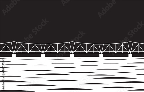 Long Span Bridge Silhouette Over Water Illustration with Black Sky and Transparent Background