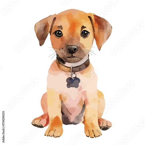 Watercolor puppy with brown collar and flowershaped tag sitting attentively