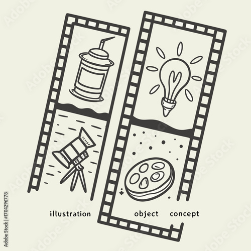 Doodle illustration of two film strips, one with a drink and a telescope, the other with a light bulb and a paint palette, representing illustration, objects, and concepts.