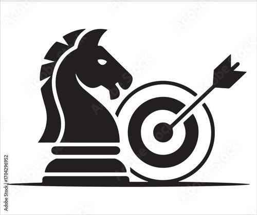 Silhouette of chess knight piece with bullseye target and arrow symbol of business strategy planning success leadership decision making accuracy focus goal achievement illustration