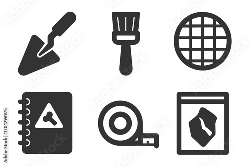 A set of six black and white icons, including a trowel, a paintbrush, a ruler, a key, a book, and a pie. Vector.