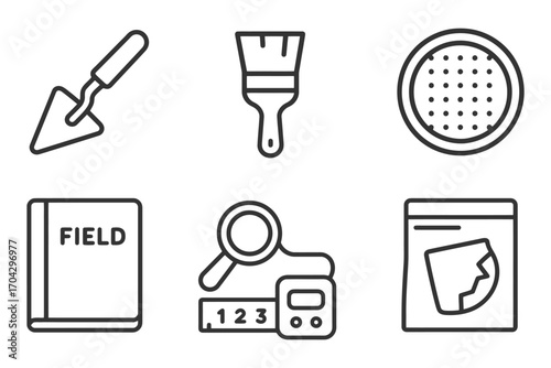 A set of six icons, including a book, a trowel, a paintbrush, a ruler, a magnifying glass, and a pizza pan. Vector.