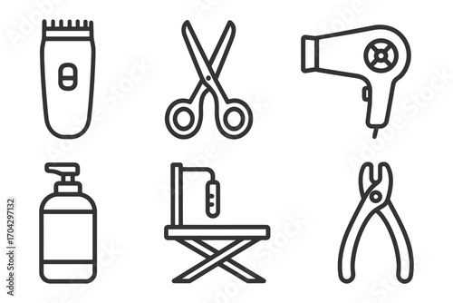 A set of six black and white icons for hair care and grooming tools. The icons include a bottle of shampoo, a bottle of conditioner. Vector.