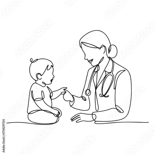 Single continuous line Art drawing of young female pediatric doctor invited cute baby toddler patient to play and follow her instruction. with white background