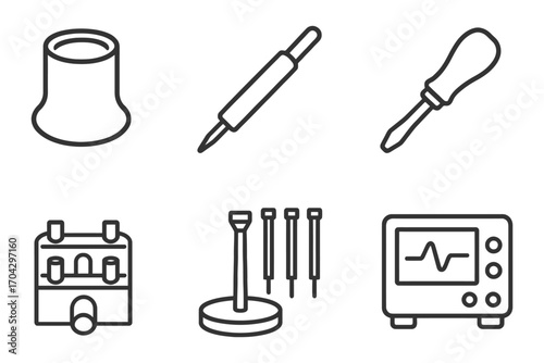A set of tools and a magnifying glass. The tools include a screwdriver, a pair of pliers, and a wrench. Vector.
