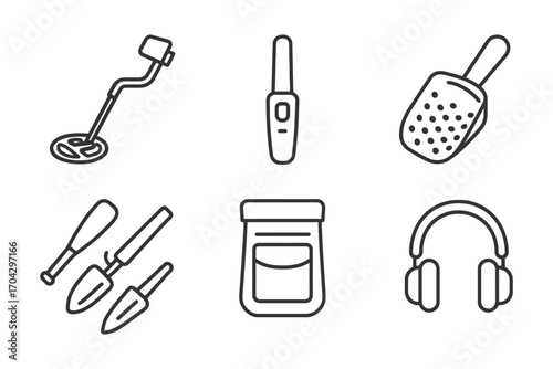 A set of six different items, including a shovel, a pair of scissors, a pair of pliers, a bottle, a bag, and a pair of headphones. Vector.