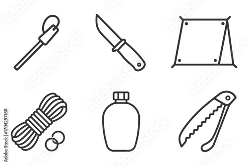 A set of tools and supplies for camping and survival. The image is a collection of various items, including a knife, a bottle, a rope. Vector.